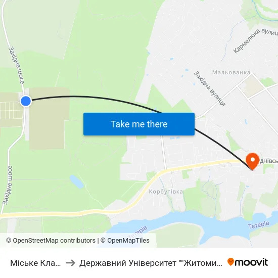 Міське Кладовище to Державний Університет ""Житомирська Політехніка"" map