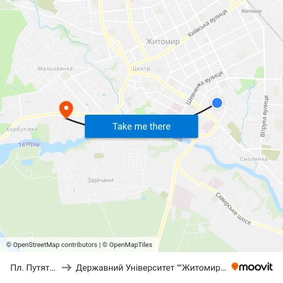 Пл. Путятинська to Державний Університет ""Житомирська Політехніка"" map