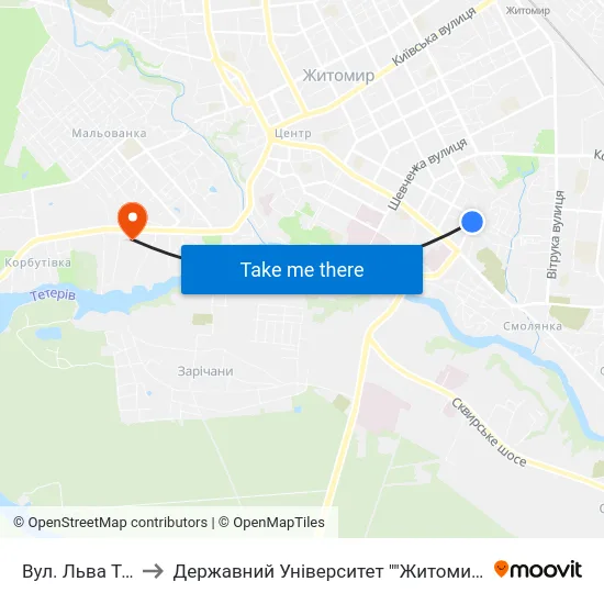 Вул. Льва Толстого to Державний Університет ""Житомирська Політехніка"" map