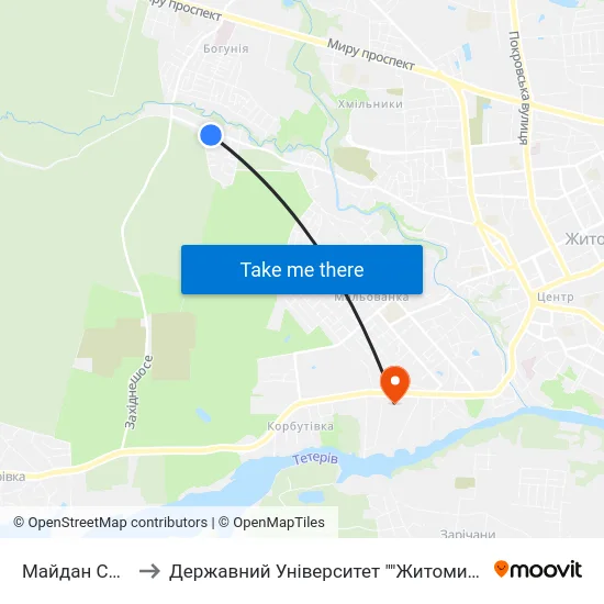 Майдан Сосновий to Державний Університет ""Житомирська Політехніка"" map
