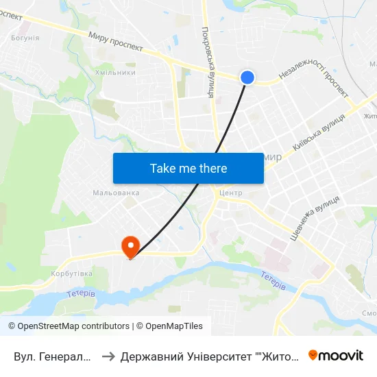 Вул. Генерала Потапова to Державний Університет ""Житомирська Політехніка"" map