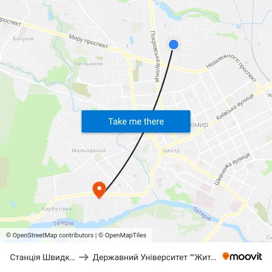 Станція Швидкої Допомоги to Державний Університет ""Житомирська Політехніка"" map