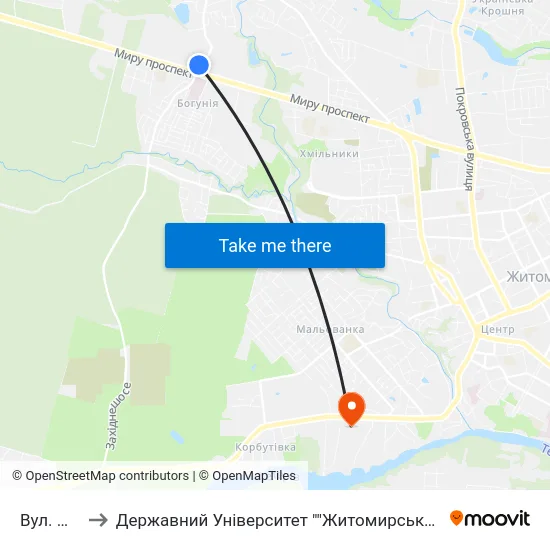 Вул. Миру to Державний Університет ""Житомирська Політехніка"" map
