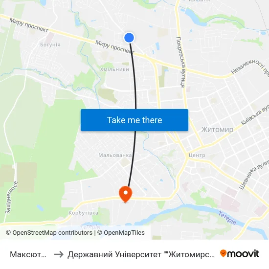 Максютова 18 to Державний Університет ""Житомирська Політехніка"" map