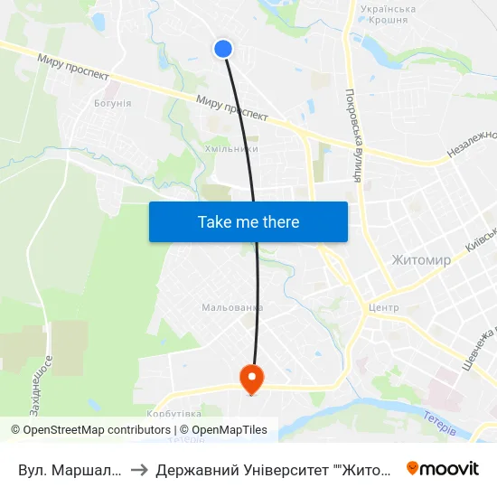 Вул. Маршала Рибалка to Державний Університет ""Житомирська Політехніка"" map