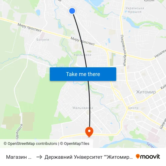 Магазин Берізка to Державний Університет ""Житомирська Політехніка"" map