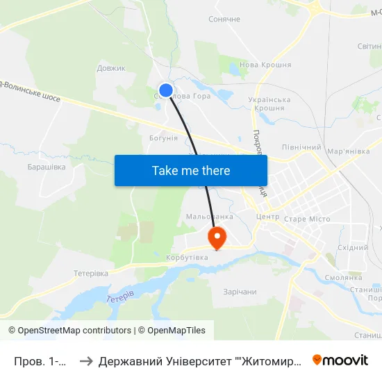 Пров. 1-Й Миру to Державний Університет ""Житомирська Політехніка"" map