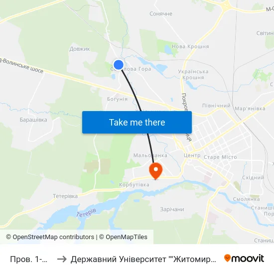 Пров. 1-Й Миру to Державний Університет ""Житомирська Політехніка"" map