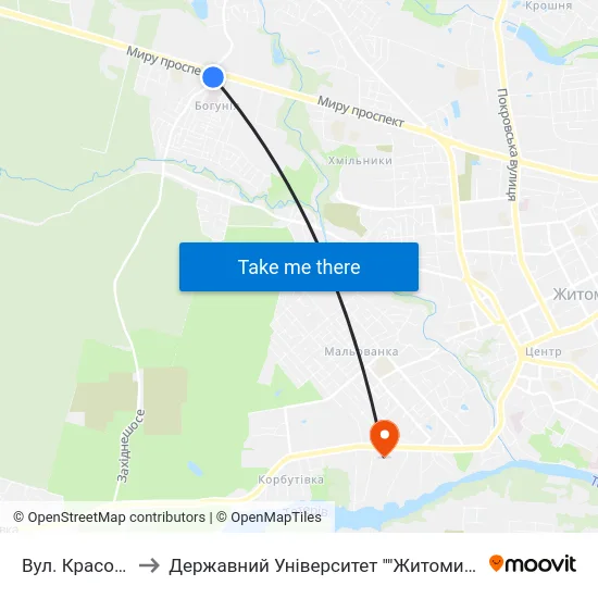 Вул. Красовського to Державний Університет ""Житомирська Політехніка"" map