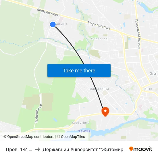 Пров. 1-Й Лісний to Державний Університет ""Житомирська Політехніка"" map