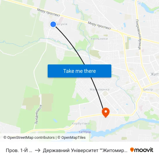 Пров. 1-Й Лісний to Державний Університет ""Житомирська Політехніка"" map