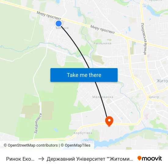 Ринок Економний to Державний Університет ""Житомирська Політехніка"" map