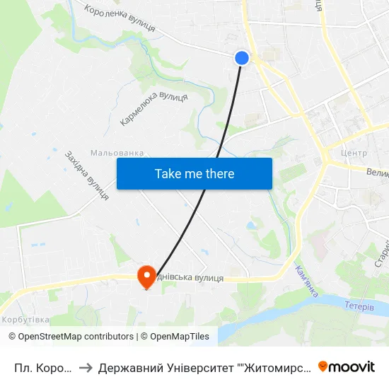 Пл. Короленка to Державний Університет ""Житомирська Політехніка"" map