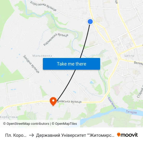 Пл. Короленка to Державний Університет ""Житомирська Політехніка"" map
