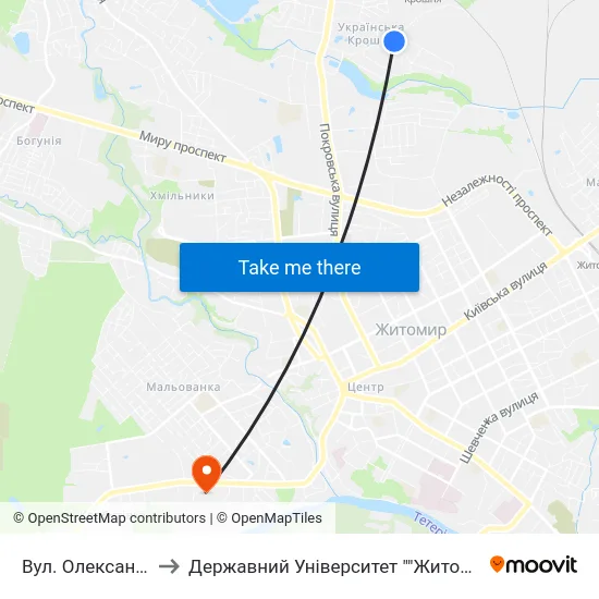 Вул. Олександра Олеся to Державний Університет ""Житомирська Політехніка"" map