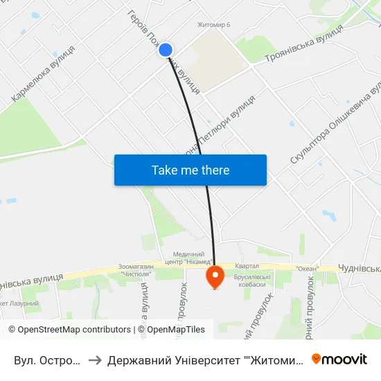 Вул. Островського to Державний Університет ""Житомирська Політехніка"" map