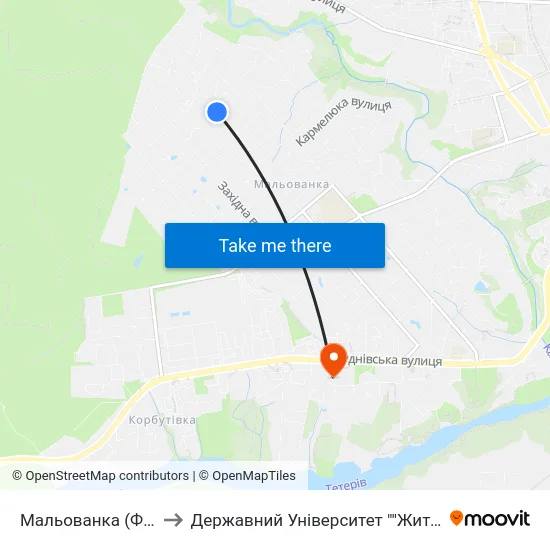 Мальованка (Фабрика Крок) to Державний Університет ""Житомирська Політехніка"" map