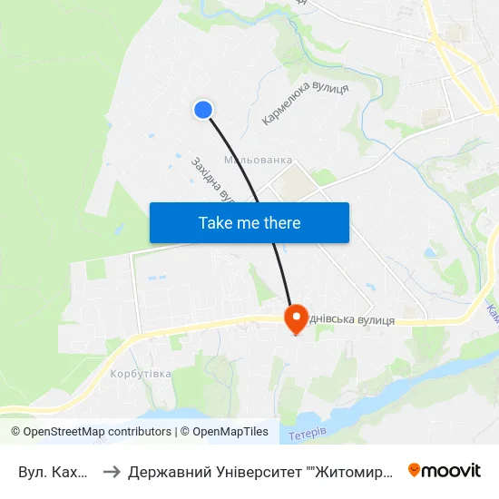Вул. Каховська to Державний Університет ""Житомирська Політехніка"" map