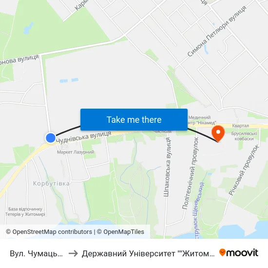 Вул. Чумацький Шлях to Державний Університет ""Житомирська Політехніка"" map