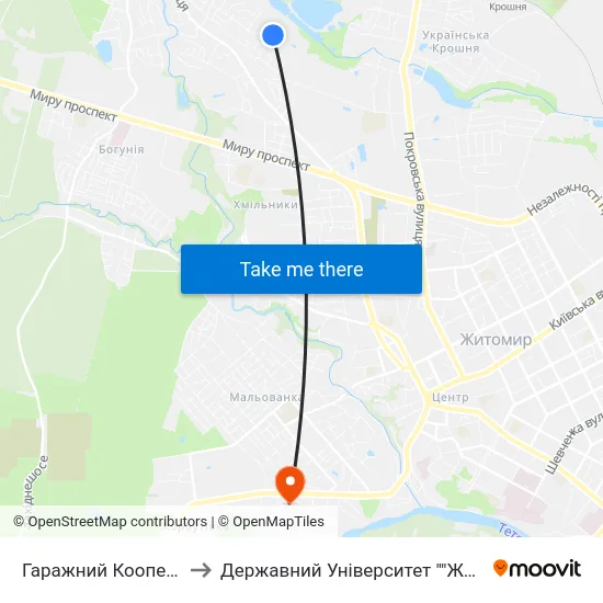 Гаражний Кооператив Аграрник to Державний Університет ""Житомирська Політехніка"" map