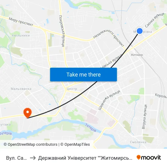 Вул. Саєнка to Державний Університет ""Житомирська Політехніка"" map
