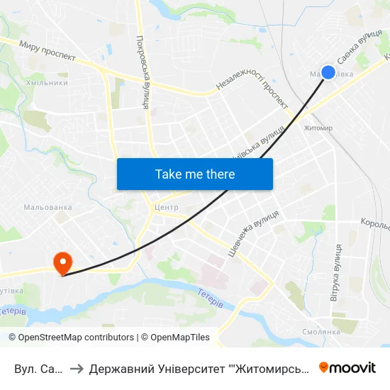 Вул. Саєнка to Державний Університет ""Житомирська Політехніка"" map