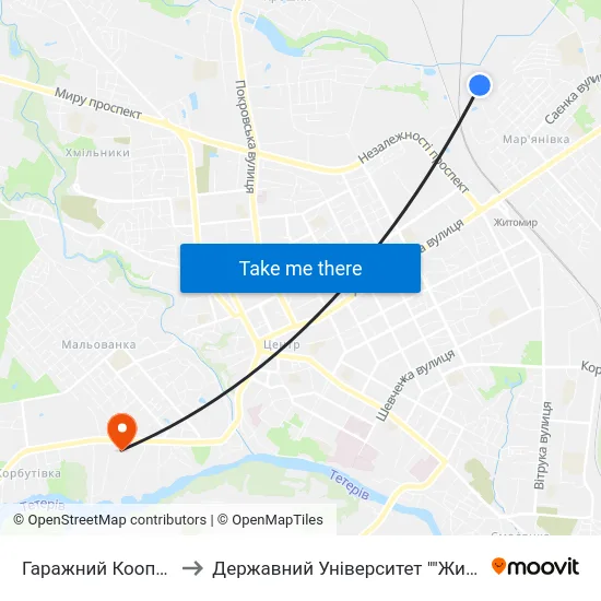 Гаражний Кооператив Восход to Державний Університет ""Житомирська Політехніка"" map