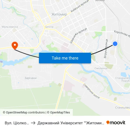 Вул. Ціолковського to Державний Університет ""Житомирська Політехніка"" map
