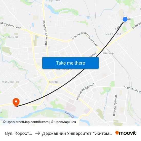 Вул. Коростишівська to Державний Університет ""Житомирська Політехніка"" map