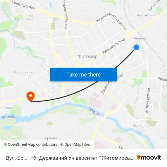 Вул. Бородія to Державний Університет ""Житомирська Політехніка"" map
