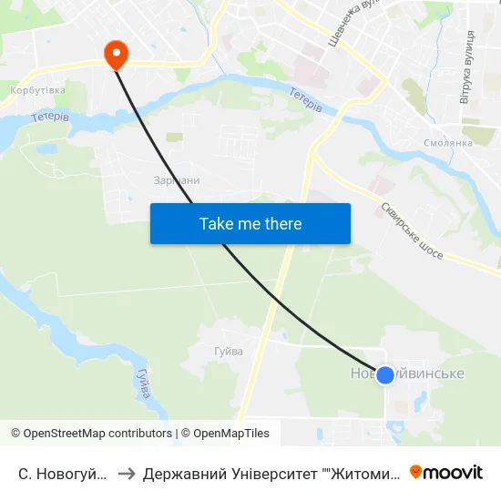 С. Новогуйвинське to Державний Університет ""Житомирська Політехніка"" map