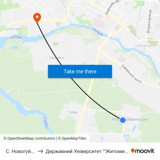 С. Новогуйвинське to Державний Університет ""Житомирська Політехніка"" map