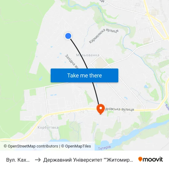 Вул. Каховська to Державний Університет ""Житомирська Політехніка"" map