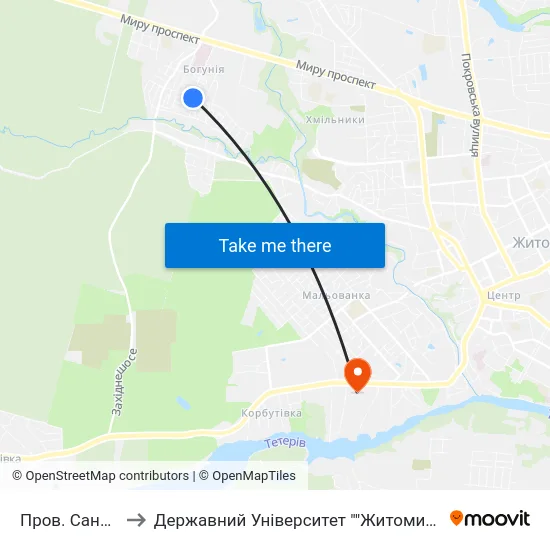Пров. Санаторний to Державний Університет ""Житомирська Політехніка"" map