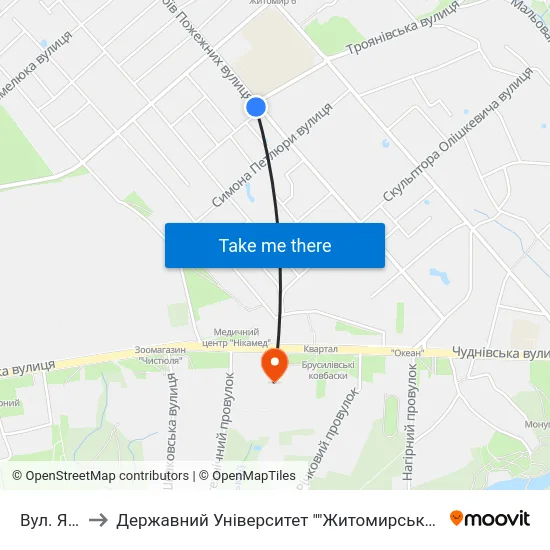 Вул. Якіра to Державний Університет ""Житомирська Політехніка"" map