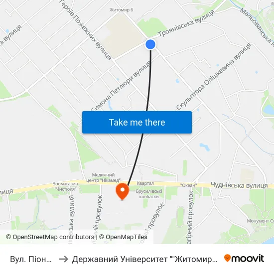 Вул. Піонерська to Державний Університет ""Житомирська Політехніка"" map