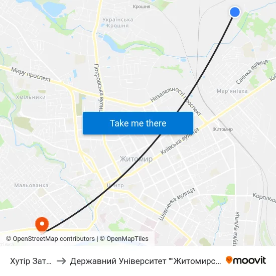 Хутір Затишшя to Державний Університет ""Житомирська Політехніка"" map