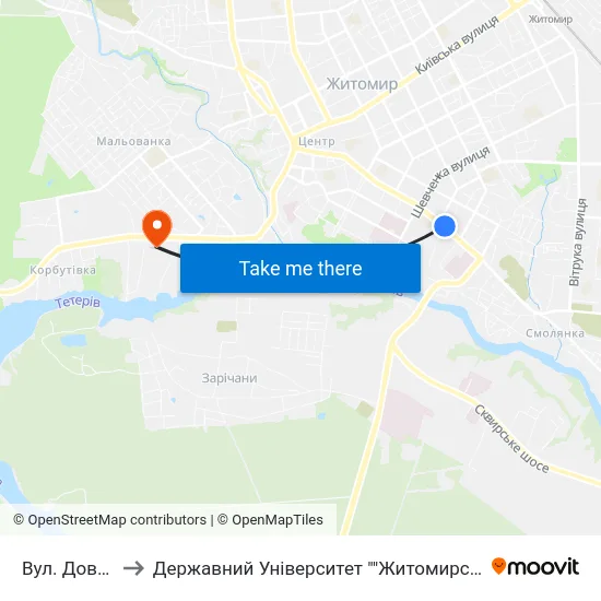 Вул. Довженка to Державний Університет ""Житомирська Політехніка"" map