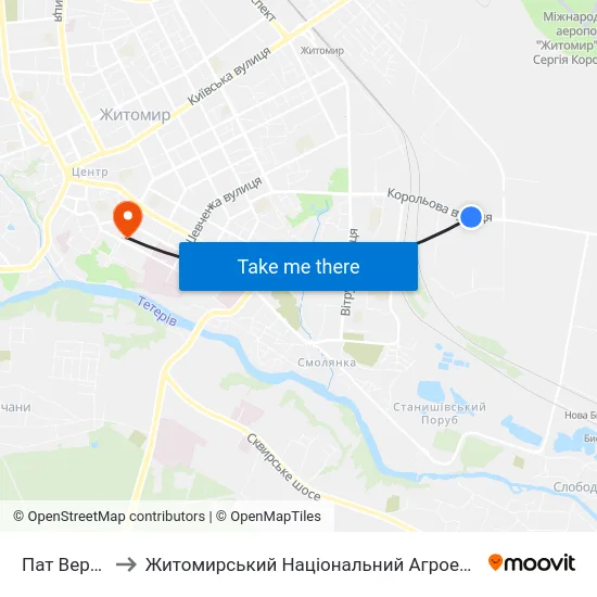 Пат Верстатуніверсалмаш to Житомирський Національний Агроекологічний Університет / Zhytomyr National Agroecological University map