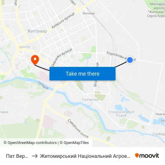 Пат Верстатуніверсалмаш to Житомирський Національний Агроекологічний Університет / Zhytomyr National Agroecological University map