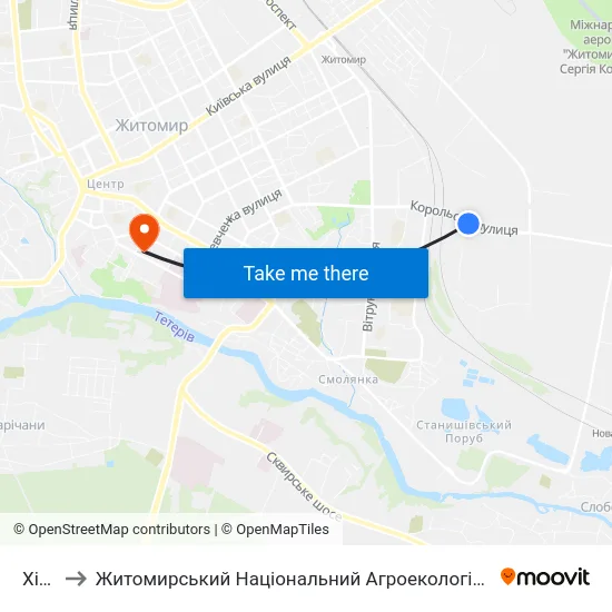 Хінчанка to Житомирський Національний Агроекологічний Університет / Zhytomyr National Agroecological University map