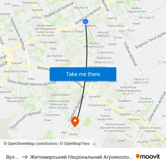 Вул. Київська to Житомирський Національний Агроекологічний Університет / Zhytomyr National Agroecological University map