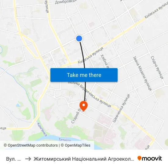 Вул. Котовського to Житомирський Національний Агроекологічний Університет / Zhytomyr National Agroecological University map