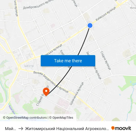 Майдан Згоди to Житомирський Національний Агроекологічний Університет / Zhytomyr National Agroecological University map