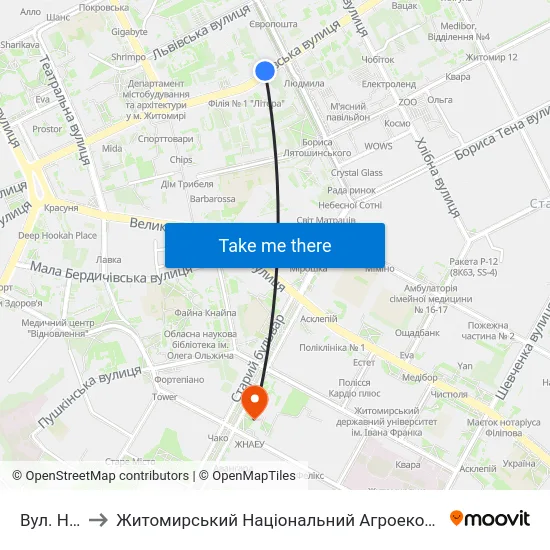 Вул. Небесної Сотні to Житомирський Національний Агроекологічний Університет / Zhytomyr National Agroecological University map