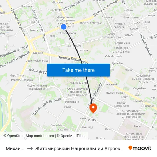 Михайлівський Собор to Житомирський Національний Агроекологічний Університет / Zhytomyr National Agroecological University map