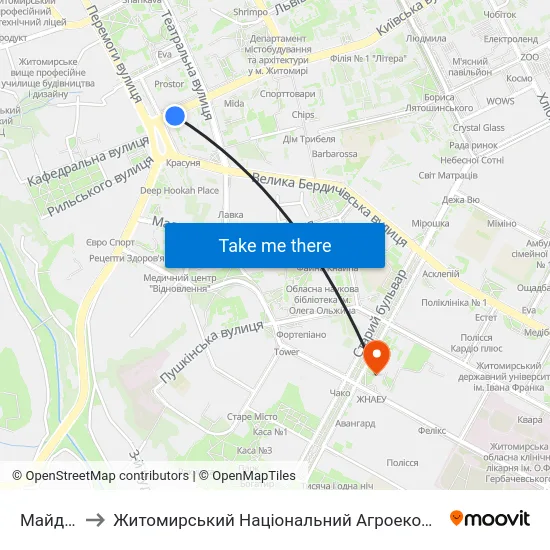 Майдан Соборний to Житомирський Національний Агроекологічний Університет / Zhytomyr National Agroecological University map