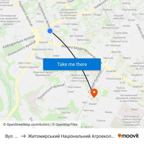 Вул. Театральна to Житомирський Національний Агроекологічний Університет / Zhytomyr National Agroecological University map