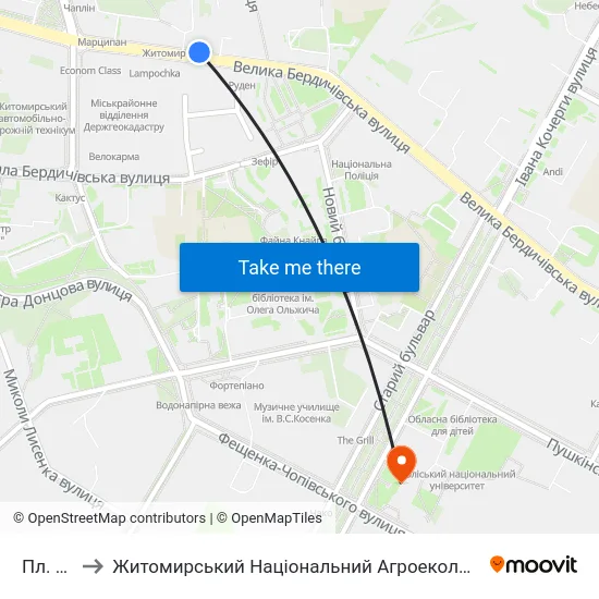 Пл. Корольова to Житомирський Національний Агроекологічний Університет / Zhytomyr National Agroecological University map