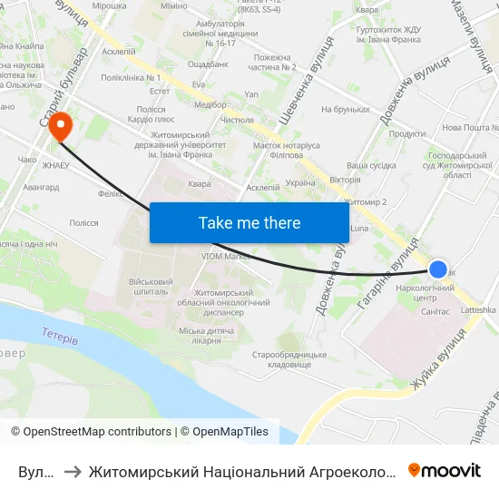 Вул. Гагаріна to Житомирський Національний Агроекологічний Університет / Zhytomyr National Agroecological University map